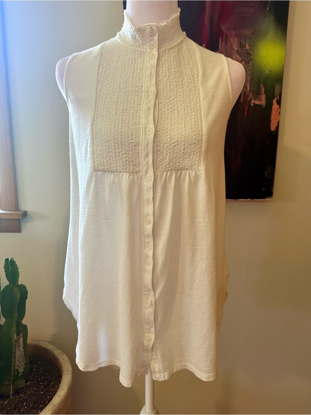 Anthropologie Cream Sleeveless Button-Front Mock Neck Top